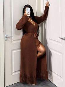BamGleam 女士毛衣连衣裙开衫针织长袖黄色流苏吊带宽松开衩度假旅行派对女装春秋款冬夏款 - 卡其色 - 查看 7