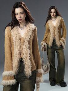 Bloopia 复古性感波西米亚风女秋冬万圣节毛绒领喇叭袖针织开衫 - 卡其色 - 查看 1