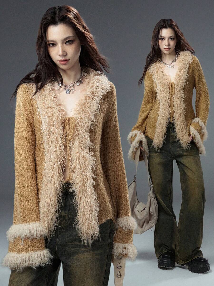 Bloopia 复古性感波西米亚风女秋冬万圣节毛绒领喇叭袖针织开衫 - 卡其色 - 查看 1