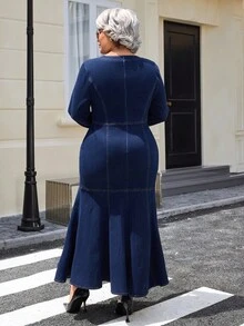 EMERY ROSE 大码休闲街头风格女式束腰长袖牛仔连衣裙 - 深色水洗藍 - 查看 4
