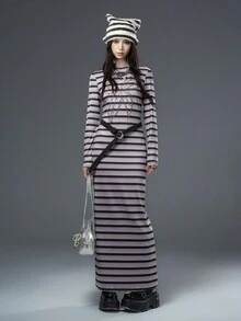 Bloopia Punk Apocalypse Chic Women's Autumn/Winter Halloween Fashion Personalized Contrast Stripe Digital Print Bow Rivet Rhinestone Fitted Long Sleeve Off Shoulder Pullover Maxi Dress - Multicolor - View 8