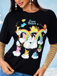 SHEIN X Care Bears Women's Casual Cute Cartoon Bear Print Short Sleeve T-Shirt, Summer - Black - View 1