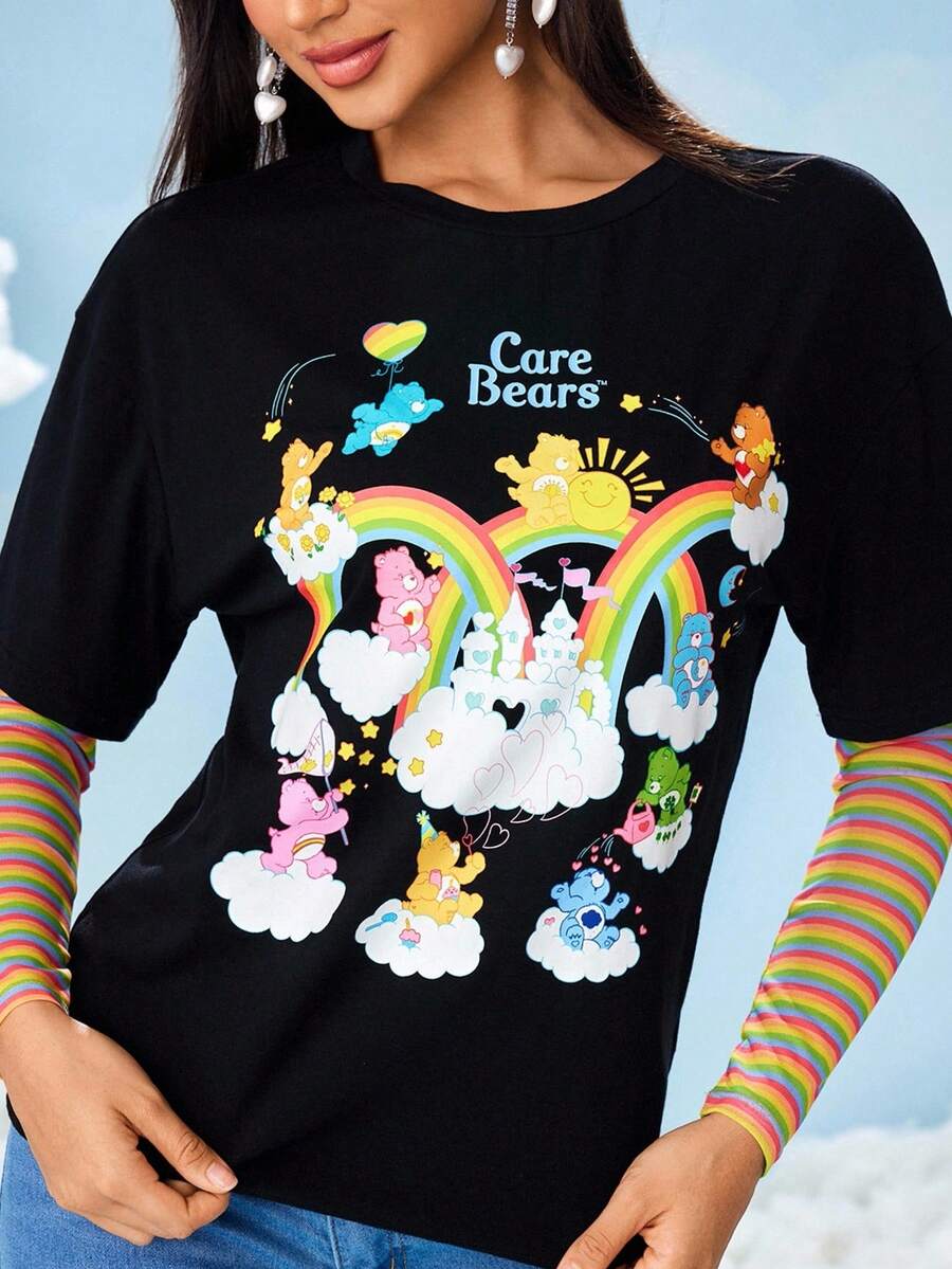 SHEIN X Care Bears Women's Casual Cute Cartoon Bear Print Short Sleeve T-Shirt, Summer - Black - View 1