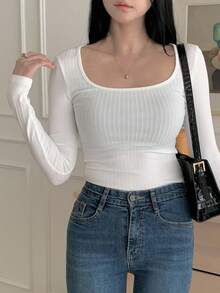 DAZY Áo thun dài tay trơn màu thường ngày dành cho nữ, đa năng cho mùa thu - trắng - Xem 7