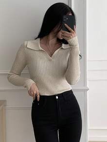 DAZY 女式修身长袖休闲套头毛衣 秋冬 - 杏色 - 查看 7