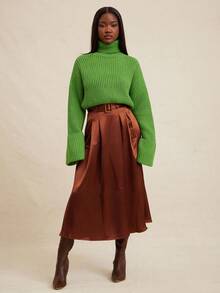 NYA SZN 长袖高领露脐上衣，宽松罗纹针织面料，弹力收腰设计，日常休闲街头风，简约大方，商务休闲，适合办公室、教师、返校季、秋冬季穿着，通勤、节日等场合皆宜，女士必备。 - 綠色 - 查看 4