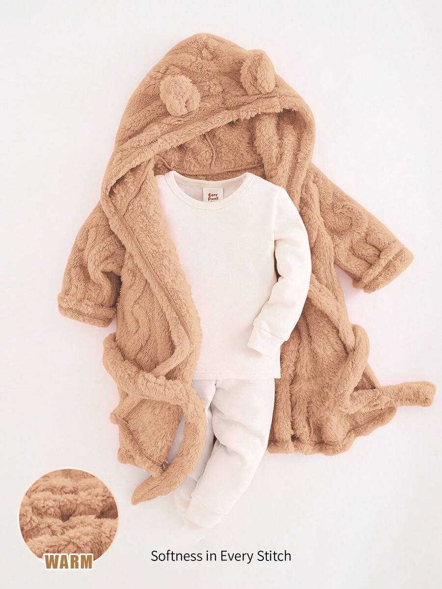 Cozy Pixies Accappatoio in pile con cappuccio e orecchie da orsetto, maniche lunghe, con cintura, per bambine, spesso