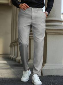 Manfinity Bizformal 男士条纹休闲工装斜口袋修身西装裤，男士裤子，男士西装裤，老钱风格 - 灰色 - 查看 6