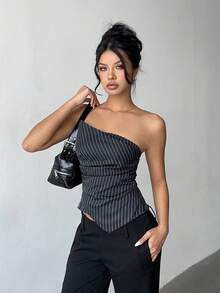 Aloruh Women's Autumn/Winter New Commuting Daily Outing Waist-Cinched Tight Asymmetric Pleated Striped Dark Gray Top - Dark Grey - View 3