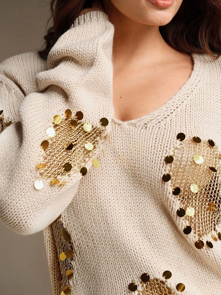 Women's Casual Knitted Pullover Sweater With Handmade Beaded Hollow V-Neck, Apricot Color, Autumn/Winter