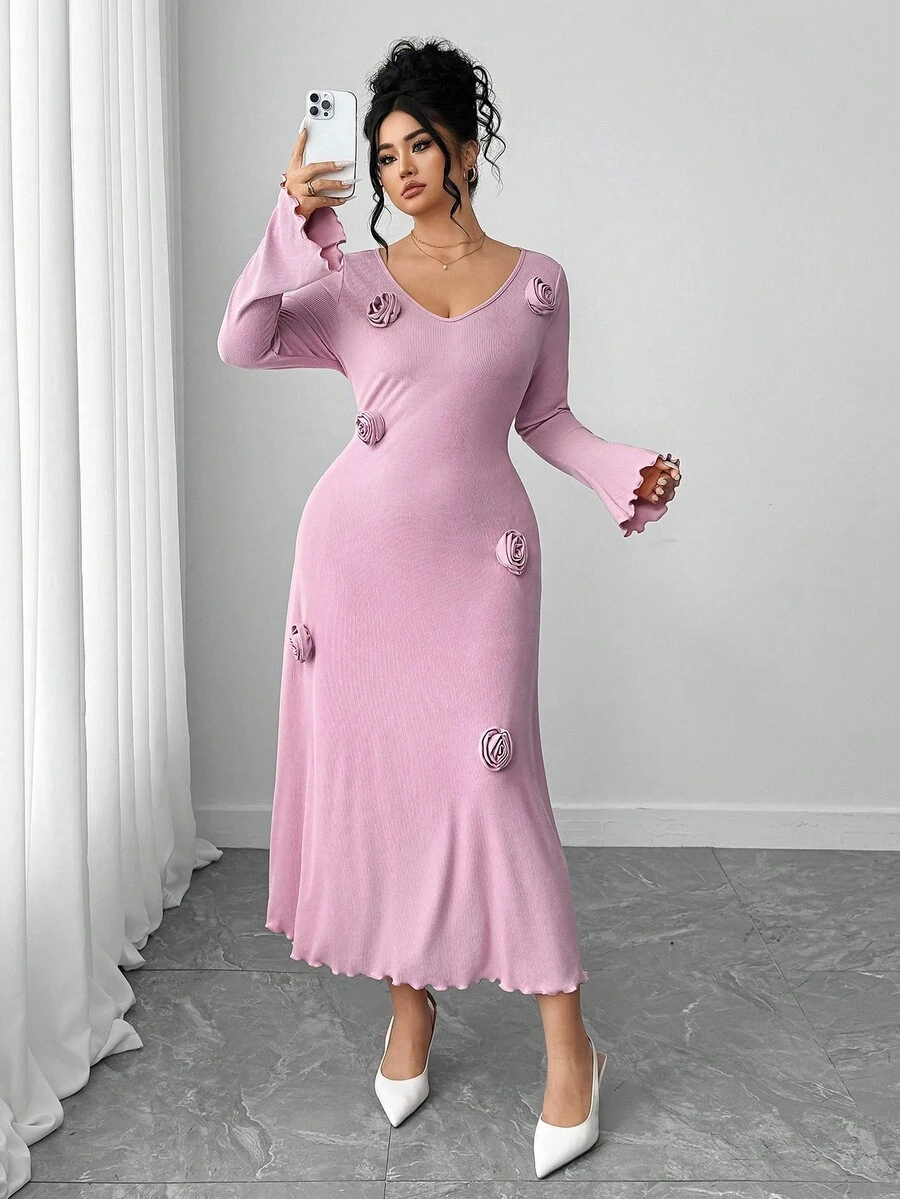 Elenzga Abito aderente a maniche lunghe con decorazione floreale 3D per taglie forti