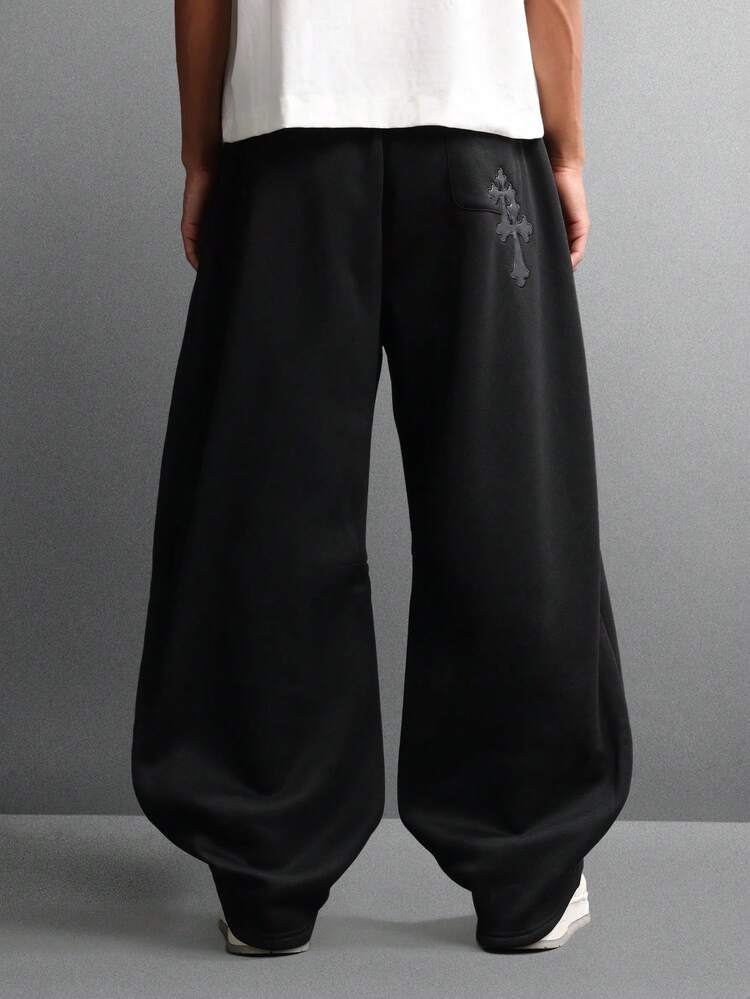 Black Loose Sweatpants With Chrome Cross Applique