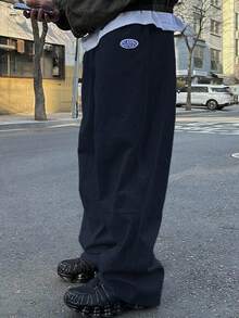 DAZY 男士保暖内衬海军蓝字母刺绣运动裤，秋冬男士慢跑裤 - 藏蓝色 - 查看 2