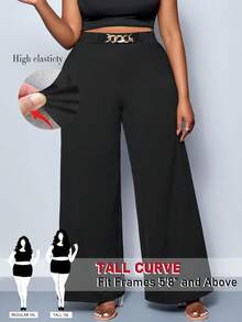 SHEIN Tall CURVE 大码女式纯色腰带金属扣细节阔腿裤，短裤，四季风格，派对，音乐会，通勤日常风格，音乐节，浪漫，情人节，度假，春夏宽松裤 - 黑色 - 查看 1