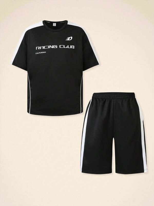 SHEIN Teen Boy Contrast Stitching Letter Print Short Sleeve Top And Shorts 2 Pieces Set