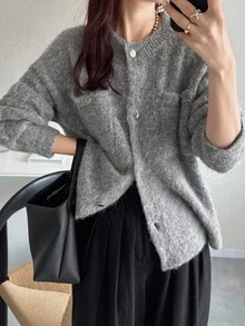 FRIFUL Women's Light Gray Round Neck Drop Shoulder Long Sleeve Pocket Decor Loose Casual Cardigan, Versatile For Autumn - Dark Grey - View 2