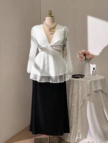 Flirla Plus Size V-Neck Exposed Waist Elegant Sweet Flowing Fashion Blouse - White - View 5