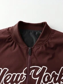 Manfinity Homme Chaquetas de manga larga con gráfico de letras, de moda casual y versátil con cuello de contraste de color, para hombre, otoño - Burdeos - Ver 5