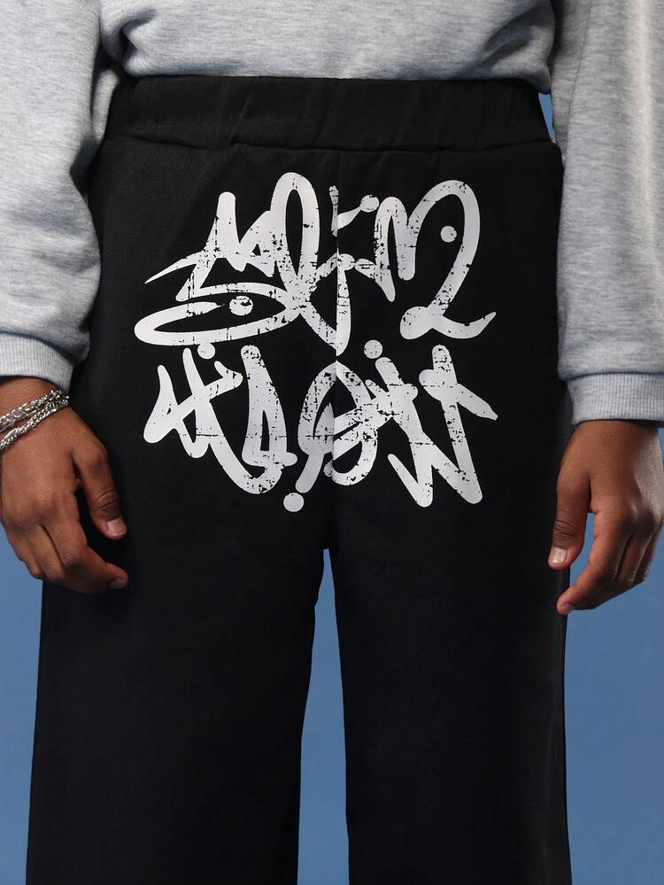 Wide Leg Black Sweatpants With Graffiti Print