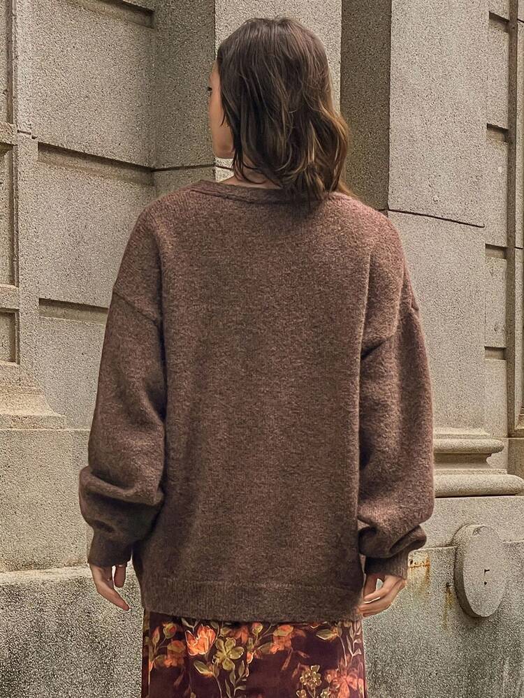 Women's Loose Solid Color V-Neck Long Sleeve Casual Street Knit Cardigan, Autumn/Winter