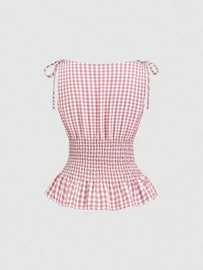 Sweetra Women's Elegant French Style Solid Color Plaid Tie Shoulder Waist Drawstring Slim Fit Casual Commuter Versatile Tank Top, Spring/Summer