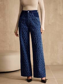 Anewsta 女士新款提花面料蓝色牛仔直筒裤 - 藍色 - 查看 3