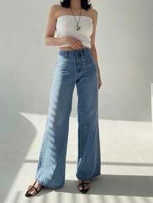 DAZY 女士水洗浅色长款牛仔裤，四季皆宜 - 深色水洗藍 - 查看 5