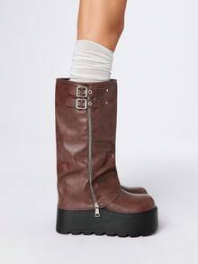 ROMWE Grunge Punk Bốt cổ ngắn mũi tròn đế dày phong cách Punk, dây khóa kéo, kiểu dáng ngoài trời, cao đến bắp chân, mẫu mới thu/đông 2025 - màu nâu - Xem 4