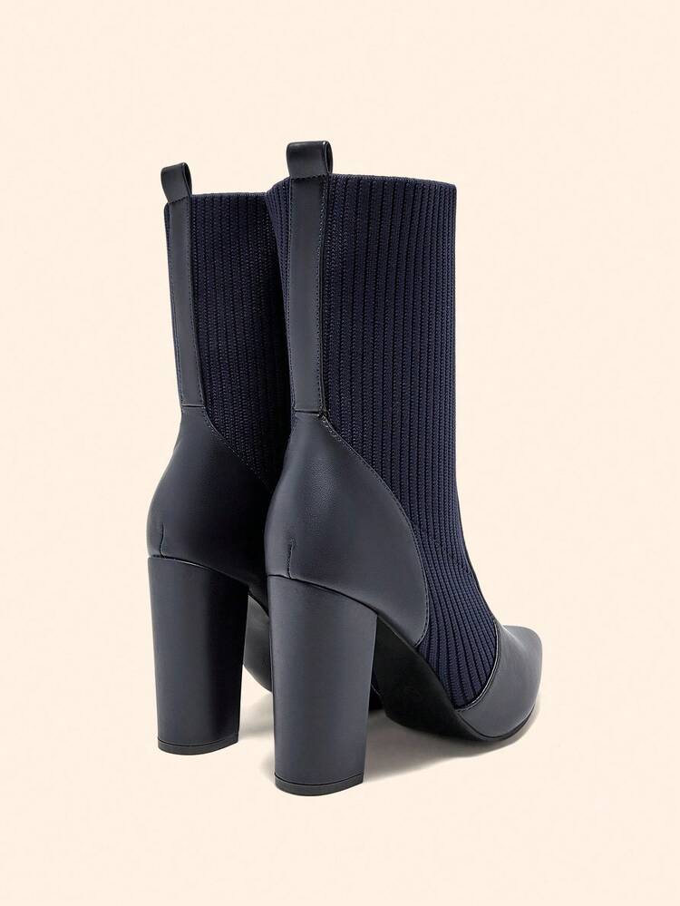 CUCCOO BASICS Women's Fashion Fabric Elastic Pointed Toe Chunky Heel Mid-Calf Boots, Suitable For Commuting, Dating, Party, Holiday For Christmas Spring Shoes