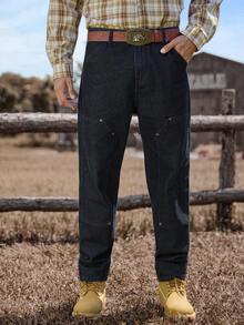 Manfinity Nomadique 男士西部复古贴袋休闲牛仔裤，牛仔常规水洗修身工装牛仔裤，适合外出穿着