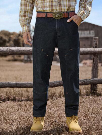 Manfinity Nomadique 男士西部复古贴袋休闲牛仔裤，牛仔常规水洗修身工装牛仔裤，适合外出穿着