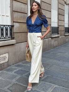 Pariaura Áo cánh tay ngắn cổ chữ V họa tiết hoa thêu ren kiểu Pháp dành cho nữ, trang phục đi học đại học - Màu xanh lam - Xem 4