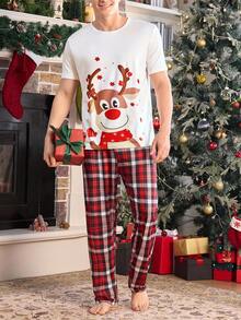 Manfinity Cartoon Christmas Reindeer Print Short Sleeve Pajama Set For Men Matching Couple Pajama Set Men Pjs Set Sleep Wear Sets Reindeer Pajama Set Christmas Pjs - Multicolor - View 6