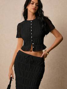 Poéselle Bộ 2 món áo cánh xếp ly bằng vải voan và chân váy dài cho nữ - màu đen - Xem 3