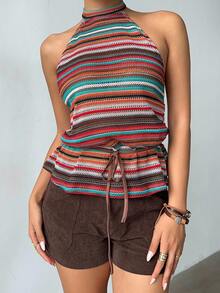Aloruh Orange Red Striped Print Drawstring Waist Halter Top,Summer Boho Vacation Holiday Fall Clothes For Women Halloween Costumes Winter Clothes - Multicolor - View 3