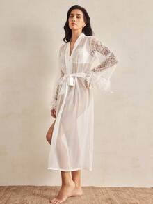 Charlaine French Terry Satin & Mesh Lace-Up Long Women Robe, Chic Autumn Elegant - White - View 6