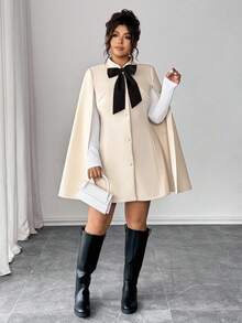 Elenzga 大码女式时尚休闲法式复古优雅珍珠纽扣撞色蝴蝶结斗篷外套，适合教堂、毕业典礼等特殊场合，秋冬季节穿着