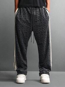 SUMWON Leopard Print Drawstring Wide Leg Sweatpants With Side Stripe Detail Loose Fit Casual Streetwear Relaxed Lounge Pants Autumn Winter Collection - Dark Grey - View 4