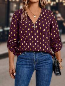 Áo sơ mi tay cuộn họa tiết chấm bi kim loại thời trang cỡ lớn - Màu Đỏ Sâu - Xem 4