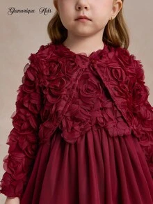 1 Set Burgundy Formal Dress With Short Jacket, 3D Rose Decor, Sleeveless Mesh Skirt, Wedding, Summer Traditional Christmas Party Dress For Young Girl - Burgundy - View 7