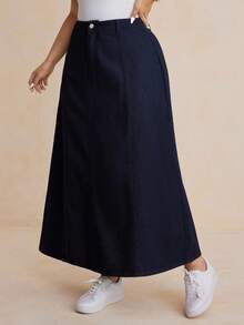 Dazy Plus Falda larga de mezclilla blanca holgada y de línea A para tallas grandes, otoño/invierno - Azul lavado oscuro - Ver 3