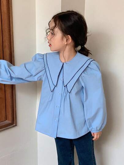 DAZY Young Girl Color Block Puff Sleeve Loose Fit Casual Shirt Blouses