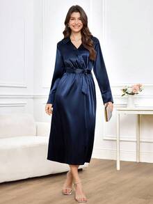 Miaspire Elegant Women's Navy Blue Satin Dress,Autumn Lapel Wrap Wedding Guest Dress With Metal Buckle Belt,High-End Chic Shiny Fabric Party Dining Dress - Navy Blue - View 4