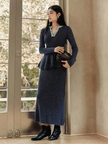 Dazy-Less Elegantes 2 Stücke Damen-Set: Langarm-Pullover mit Pailletten-Patchwork, V-Ausschnitt und Rüschensaum sowie gestrickter Midi-Rock, Herbst/Winter