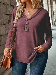 EMERY ROSE Women's Solid Color Casual V-Neck Button Long Sleeve Plus Size T-Shirts