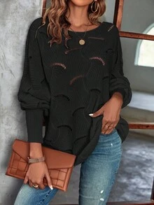 EMERY ROSE Áo len tay cánh dơi khoét lỗ màu trơn đơn giản, mùa thu/đông - màu đen - Xem 5