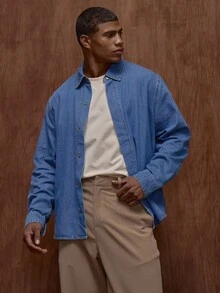 Musero Men Oversized Long Sleeve Button Through Denim Shirt , Fall/Spring Summer - Blue - View 5