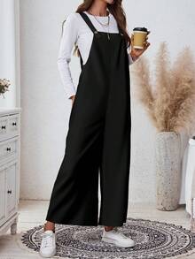 SHEIN LUNE 女士休闲黑色宽松连体裤，带口袋，适合秋季