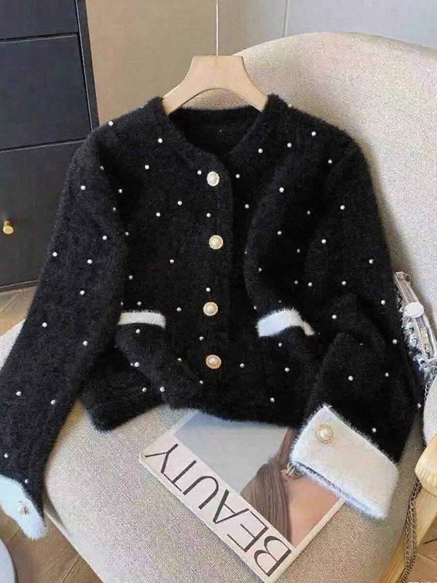 GlowEve 黑色 V 领串珠撞色袖口柔软亲肤耐用抗起球毛衣开衫，厚实但不笨重，女士必备冬季夹克 - 黑色 - 查看 1