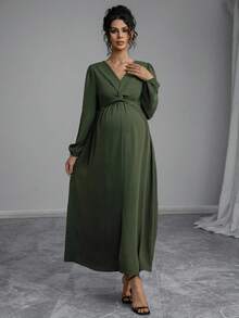 Momance Maternity Solid Color V-Neck Long Lantern Sleeve Twist Knot Midi Dress Spring Photoshoot Maternity Fall - Army Green - View 4